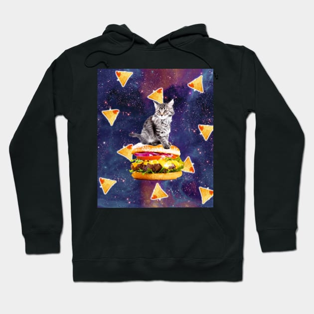 Space Kitty Cat Riding Burger With Nachos Hoodie by Random Galaxy